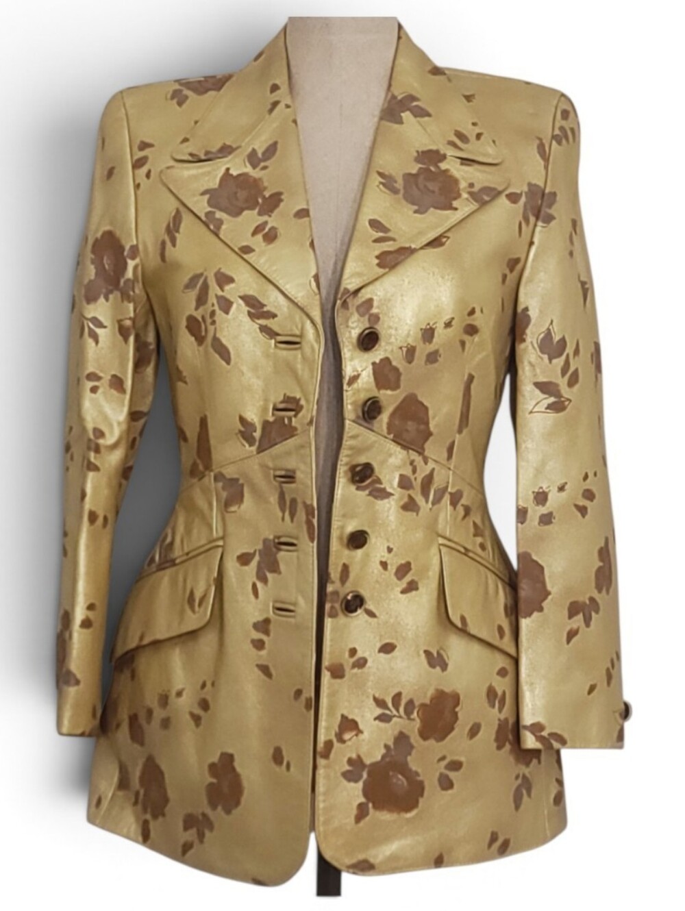RARE Vintage Escada Margaretha Ley Gold Metallic Floral Leather Blazer Jacket 34
